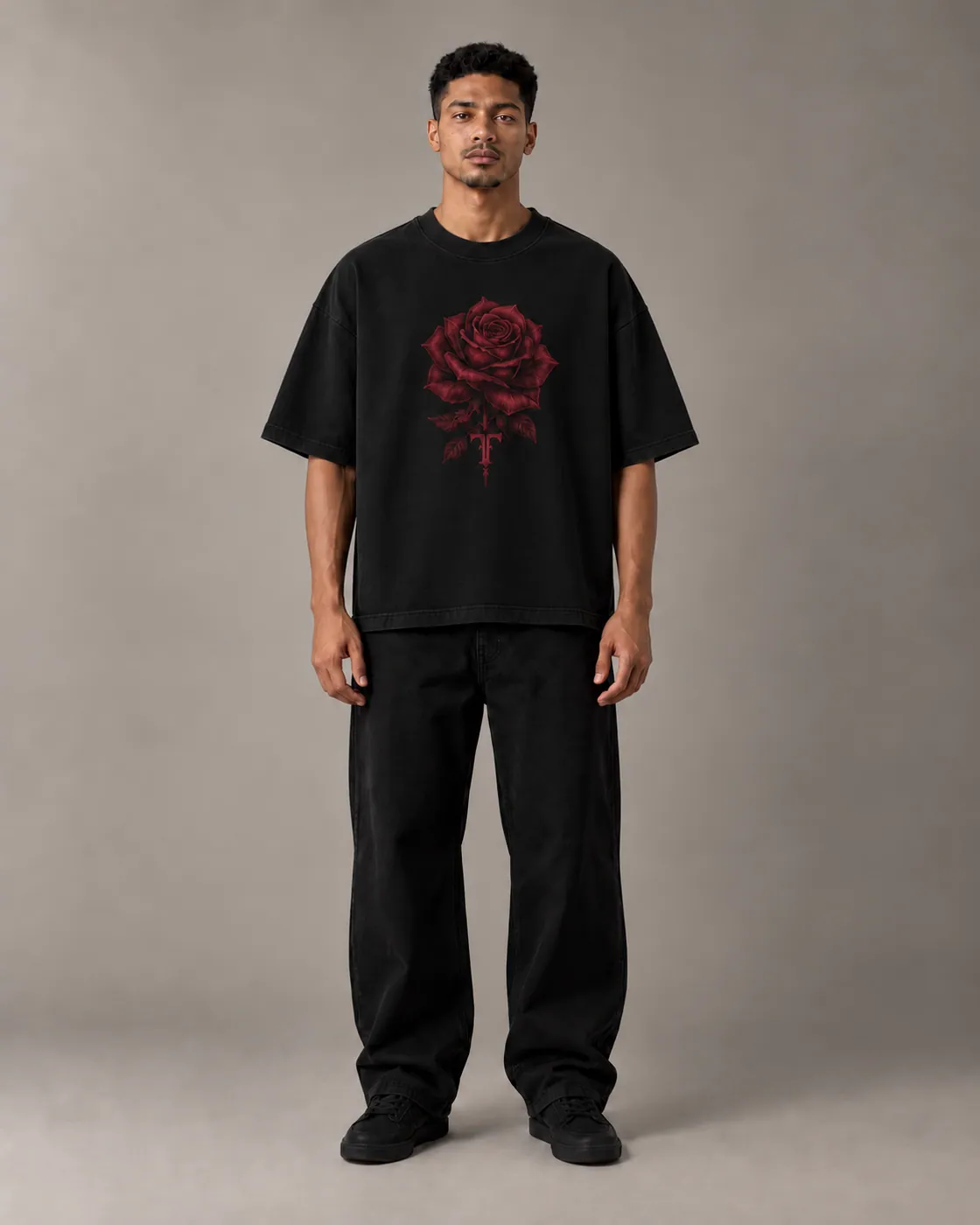 BLOOM TEE in Black / Oxblood, on body