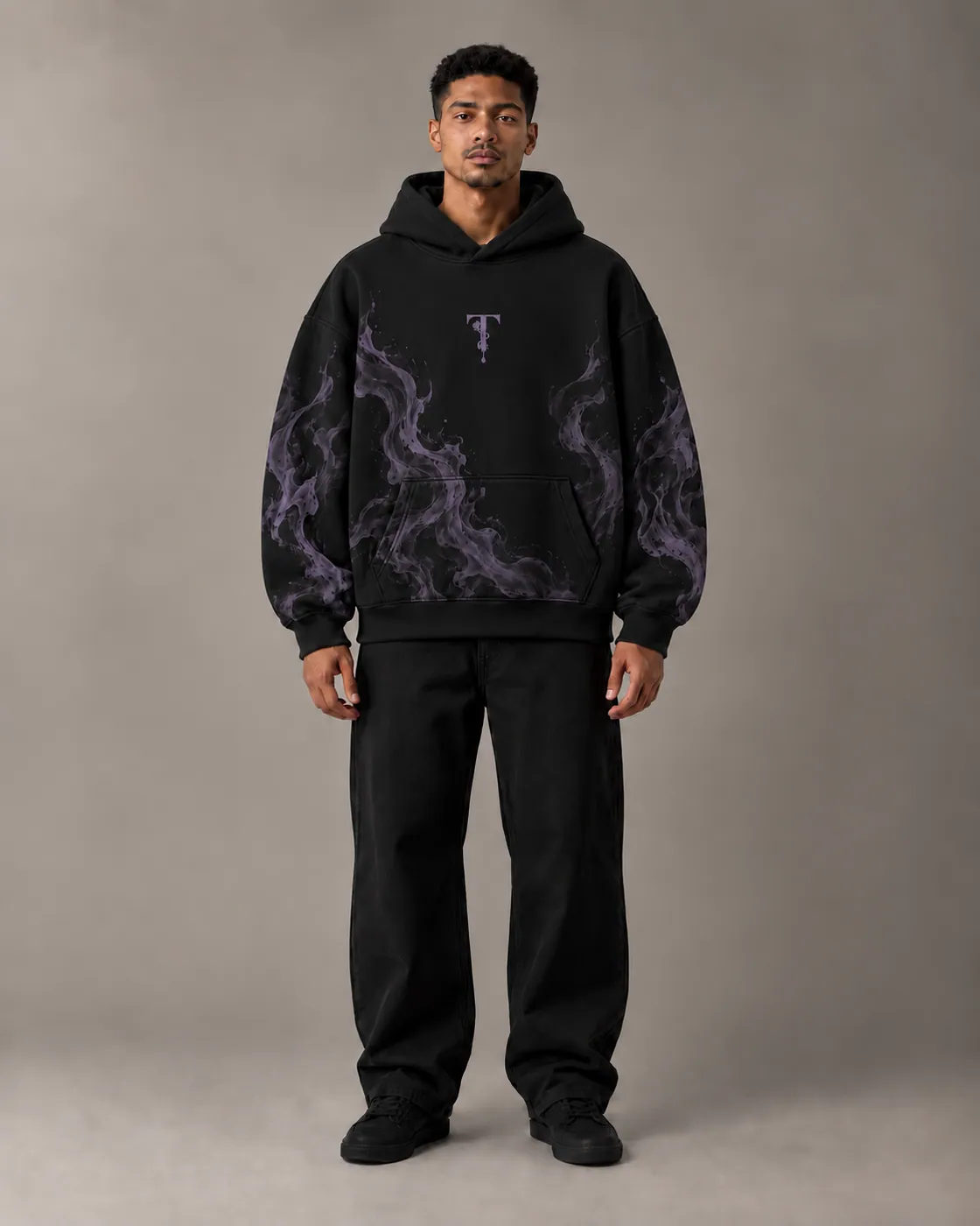 FLOW HOODIE in Black / Smoked Purple, on body