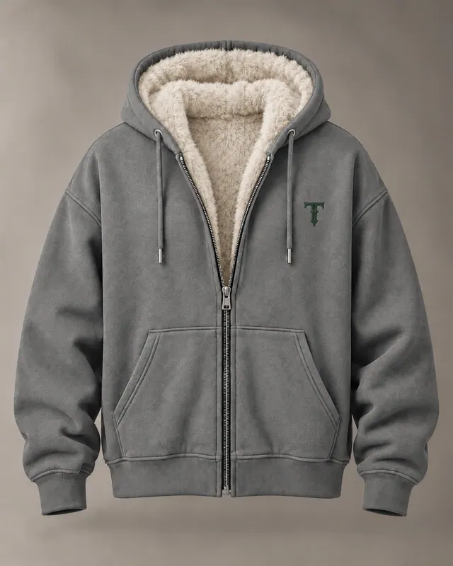PILE ZIP in Grey / Forest Green, front