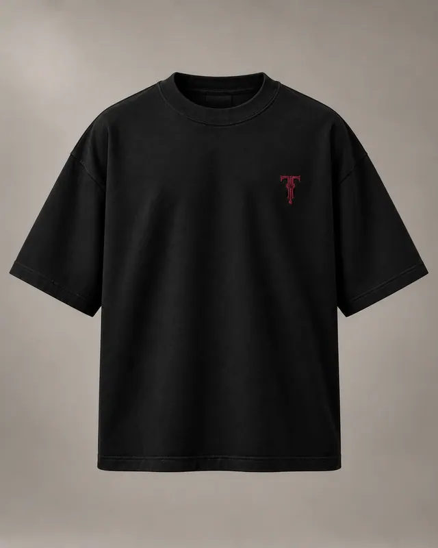 SCRIPT TEE in Black / Oxblood, front