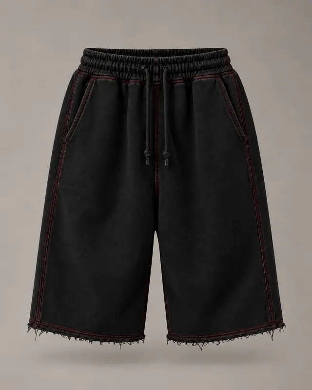 WORN SHORTS in Black / Oxblood, front
