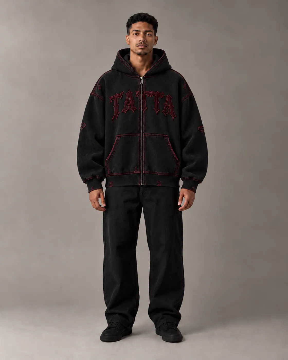 WORN ZIP in Black / Oxblood, on body