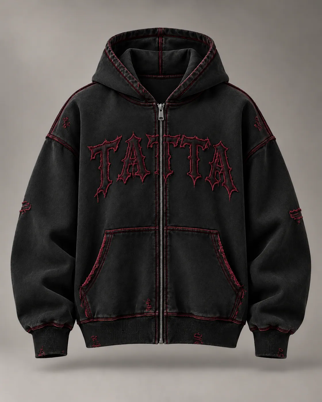 WORN ZIP in Black / Oxblood, front